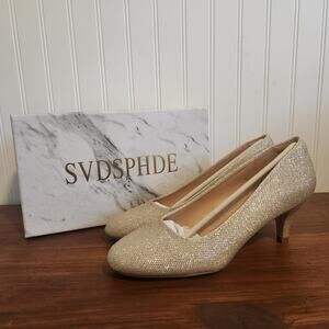 Svdsphde Women's Size 9.5 Gold Glitter Wedding Day‎ Kitten Heels NIB